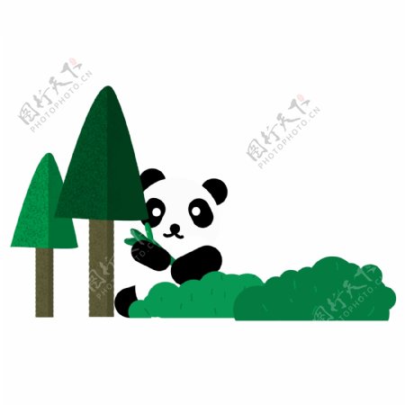 手绘卡通树林里的熊猫元素