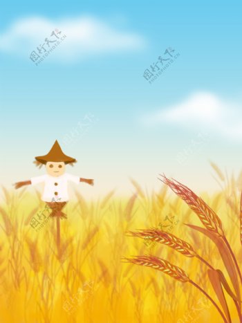 小清新卡通手绘小麦稻草人芒种背景