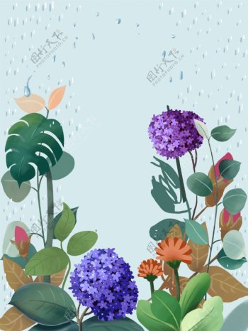 手绘谷雨植物花朵背景设计