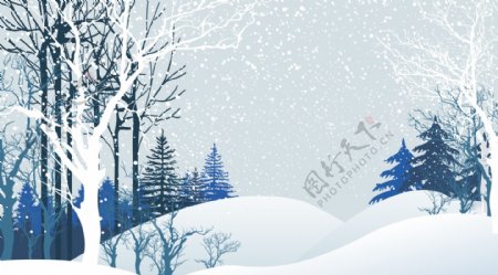 蓝色卡通风树林雪景背景