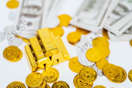 金条金币钞票银币组合背景