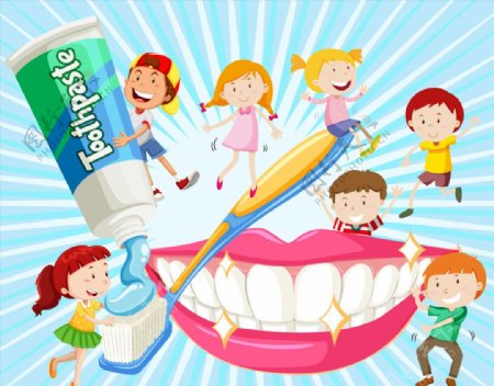 卡通用牙刷刷牙的儿童