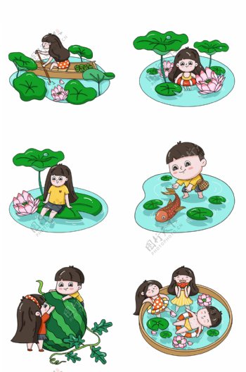 卡通夏天男女戏水游泳