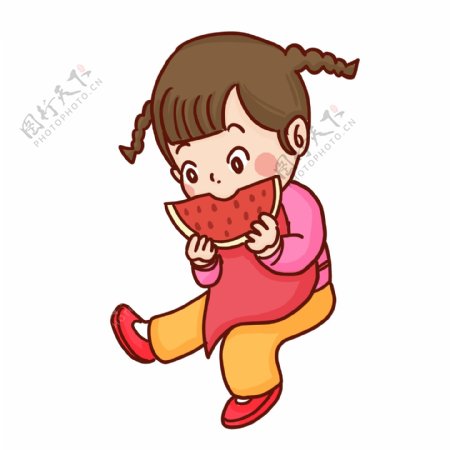 彩绘一个吃西瓜的可爱女孩