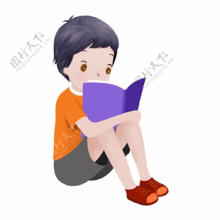 手绘卡通坐着读书的小男孩元素