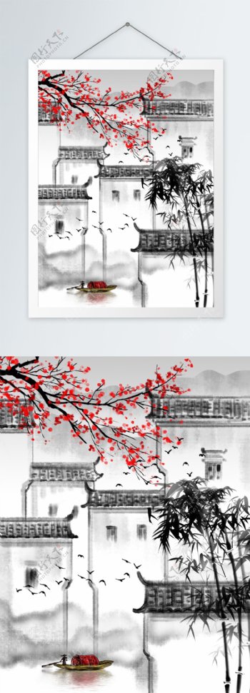 中式江南水乡水墨手绘装饰画