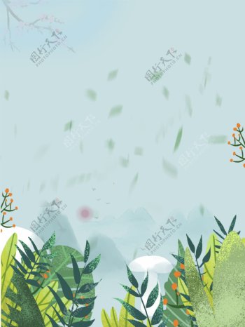 手绘夏季花丛蘑菇背景素材