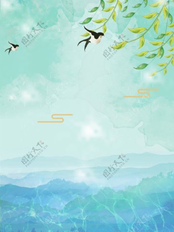 手绘燕子柳树背景素材