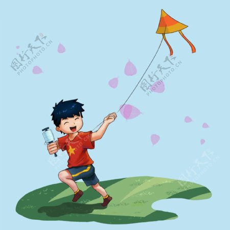 手绘儿童节可爱男孩放风筝