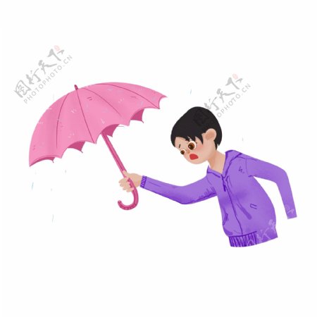 手绘雨伞下的男孩免抠元素