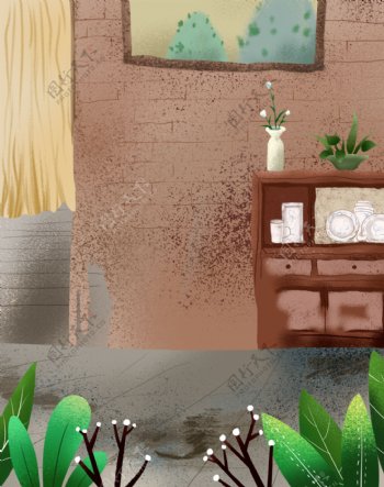 彩绘夏季居家绿叶柜子背景设计