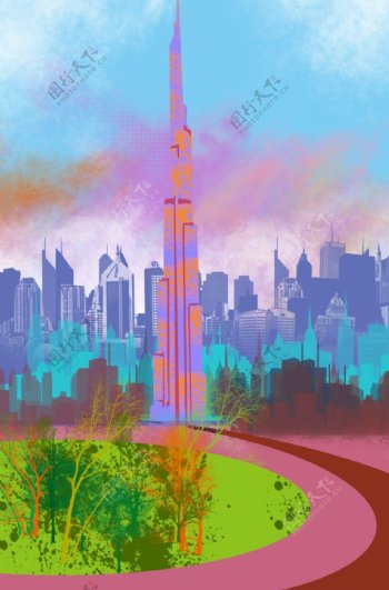 迪拜高楼油画风世界地标建筑