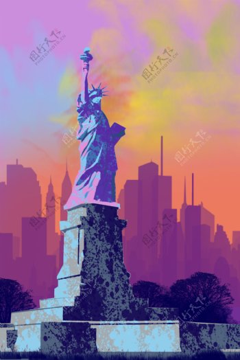 纽约自由女神油画风世界地标建筑