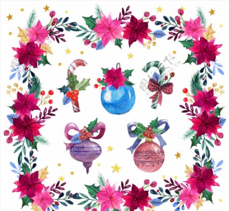 水彩绘圣诞花环和5款装饰物