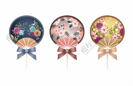 原创手绘日式花卉扇子插画装饰图案