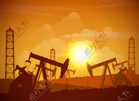 夕阳下的油田插画