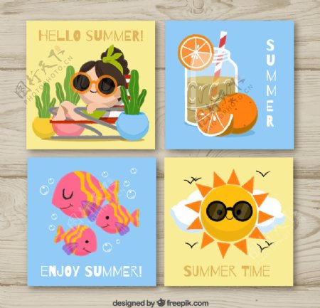 4款可爱夏季元素卡片矢量素材