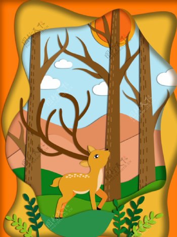 森系树林麋鹿插画