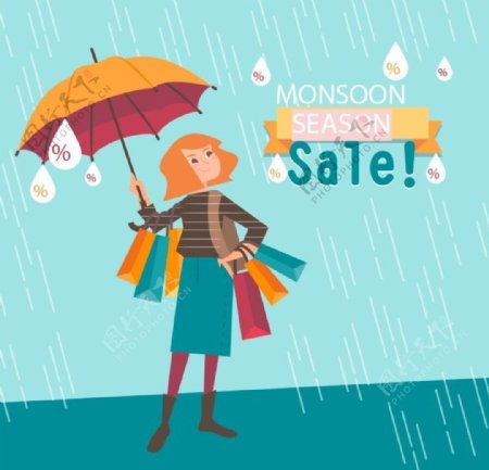 创意雨季购物女子促销海报矢量