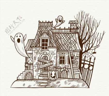手绘废弃房屋和幽灵