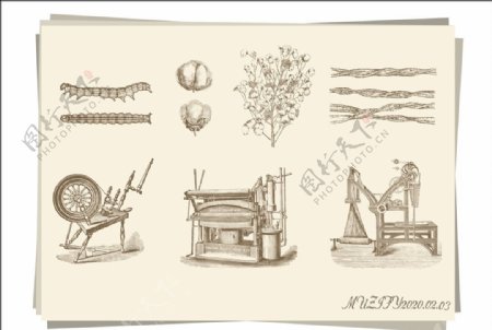 蚕丝棉花复古纺纱机手绘稿