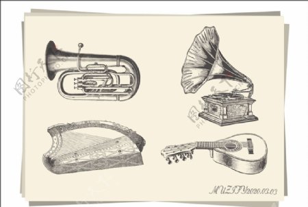 4款入吹奏乐器与弦乐器手绘稿