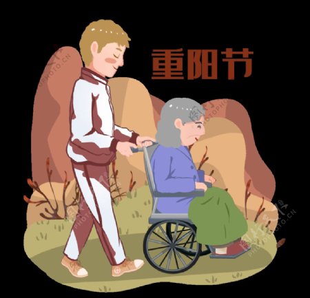 重阳节推轮椅带老人上山登高素材