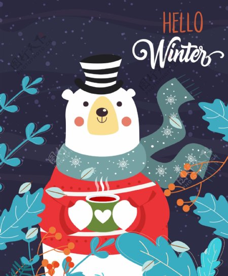 创意冬季喝咖啡的白熊