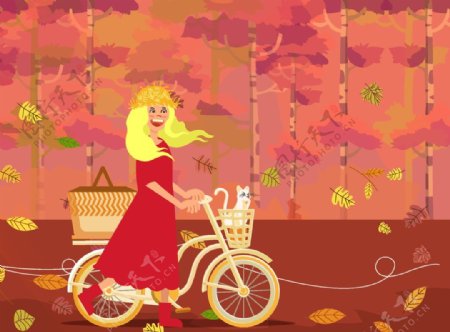 创意秋季风中推单车的女子