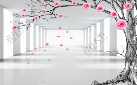 3D空间拓展浪漫玫瑰树电视背景