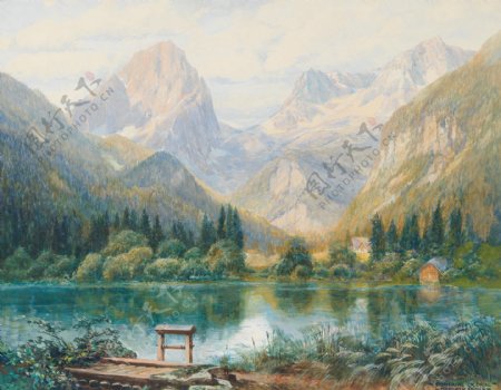 油画群山湖
