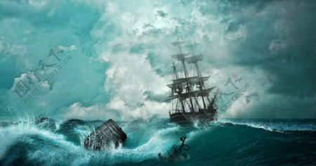 大海风暴海贼船木船