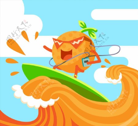 创意橙汁上冲浪的橙子矢量图