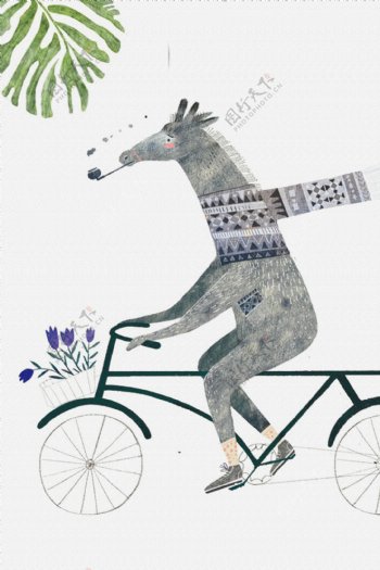 北欧小清新骑车的鹿儿童房装饰画