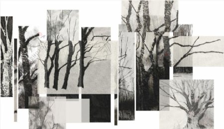 新中式线描硬笔树林组合画