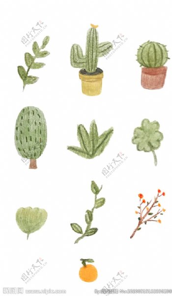 绿色小清新手绘插画植物元素