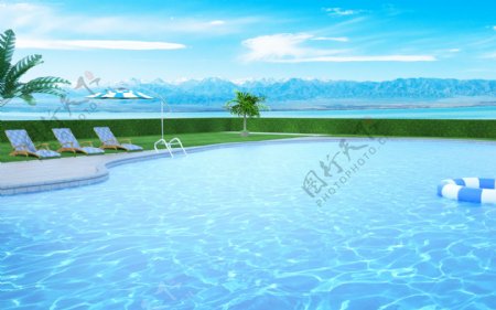 夏季泳池海水蓝天白云背景素材