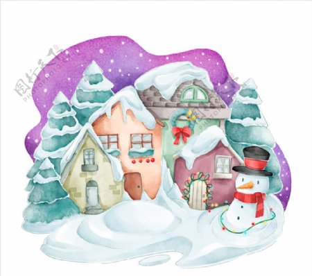 雪中的小屋和雪人