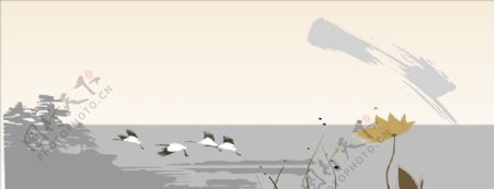 水墨海鸥风景图
