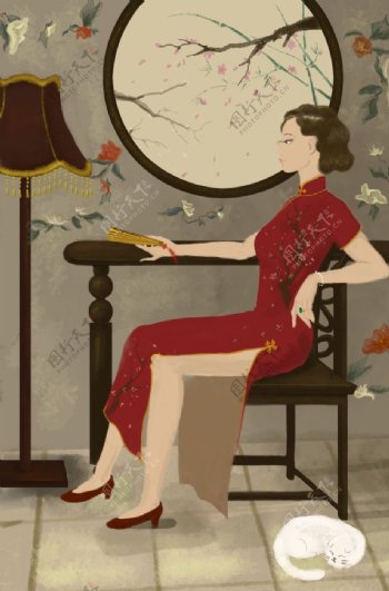 旗袍女性人物传统插画背景