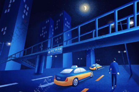 城市夜晚网约车插画卡通背景素材