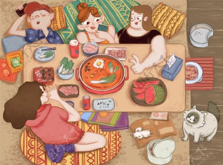 夏季团聚人物聚餐插画卡通素材