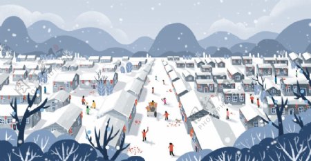 冬季玩耍大雪插画卡通背景素材