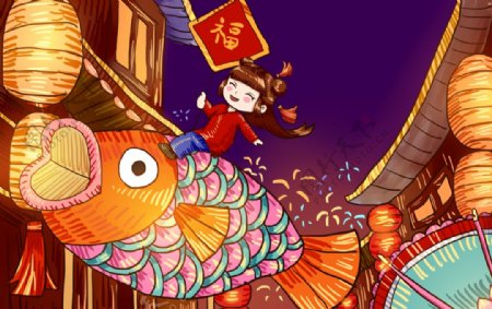 新年国风传统插画卡通背景素材