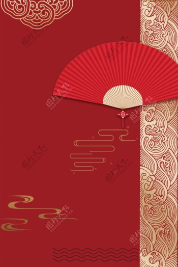 扇子古风红色意境复古中国风背景