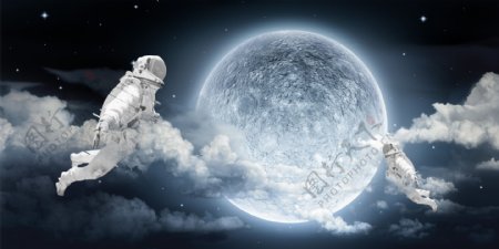 宇航员月亮月球云层天空星空背景