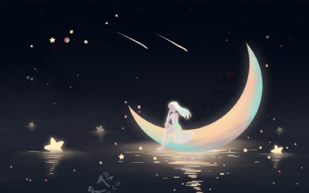 夜晚月亮人物插画合成背景素材