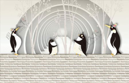 3D企鹅背景墙图片