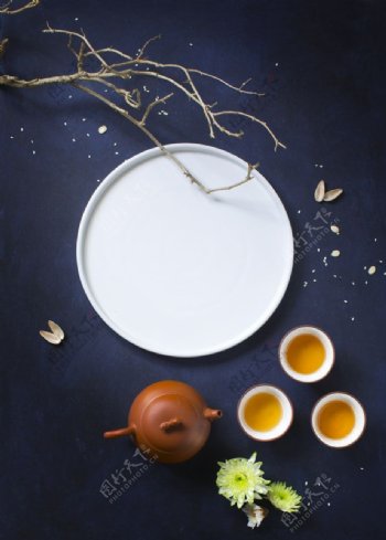 圆盘茶具国风背景海报素材图片