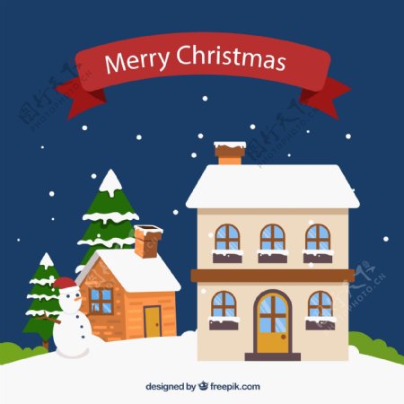 圣诞夜房屋和雪人图片